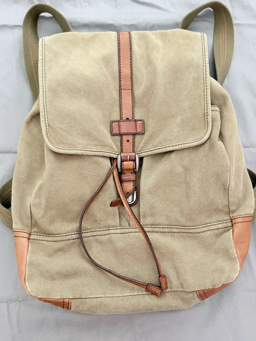 Canvas and Leather Men's Backpack in Khaki with Brown Trim